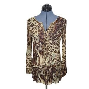 CAbi 100% silk leopard animal print semi sheer top small